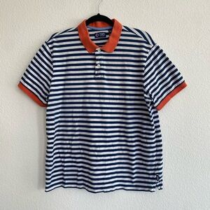 Chaps Men's Navy White Striped Preppy Polo Shirt w/ Peach Trim XL Rugby Nautical